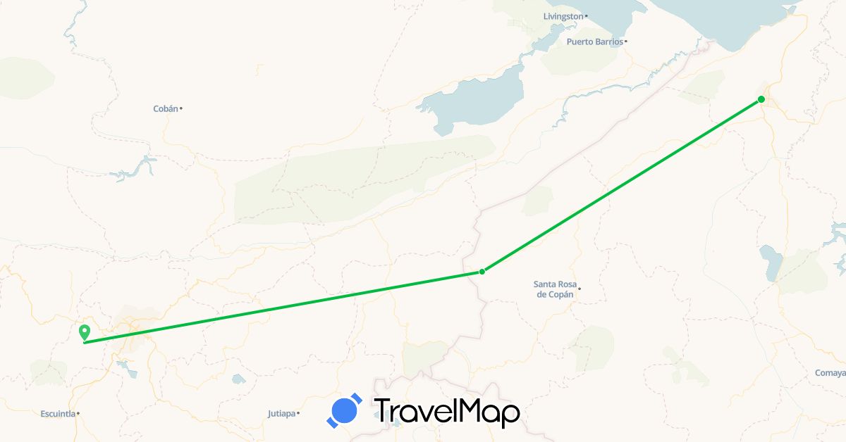 TravelMap itinerary: bus, plane in Guatemala, Honduras (North America)